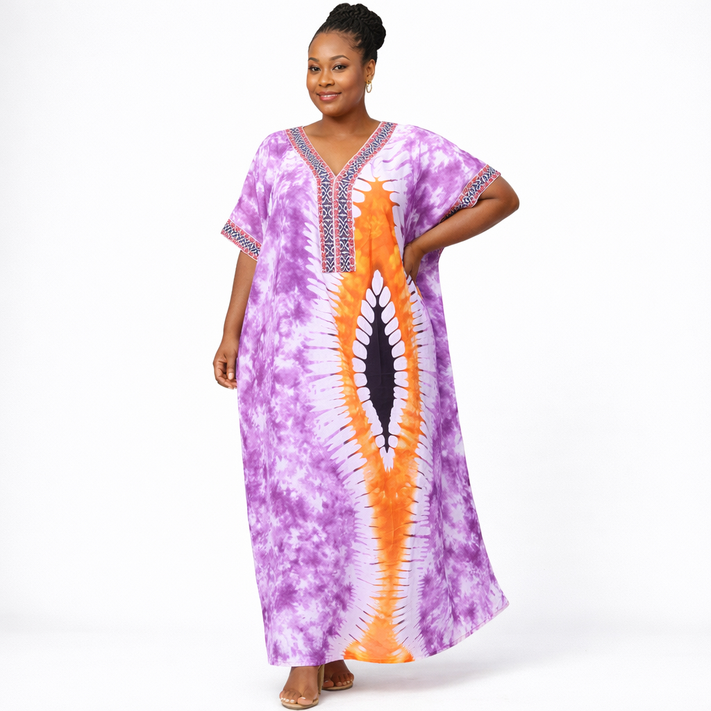 Purple and Orange Printed Long Kaftan Gown